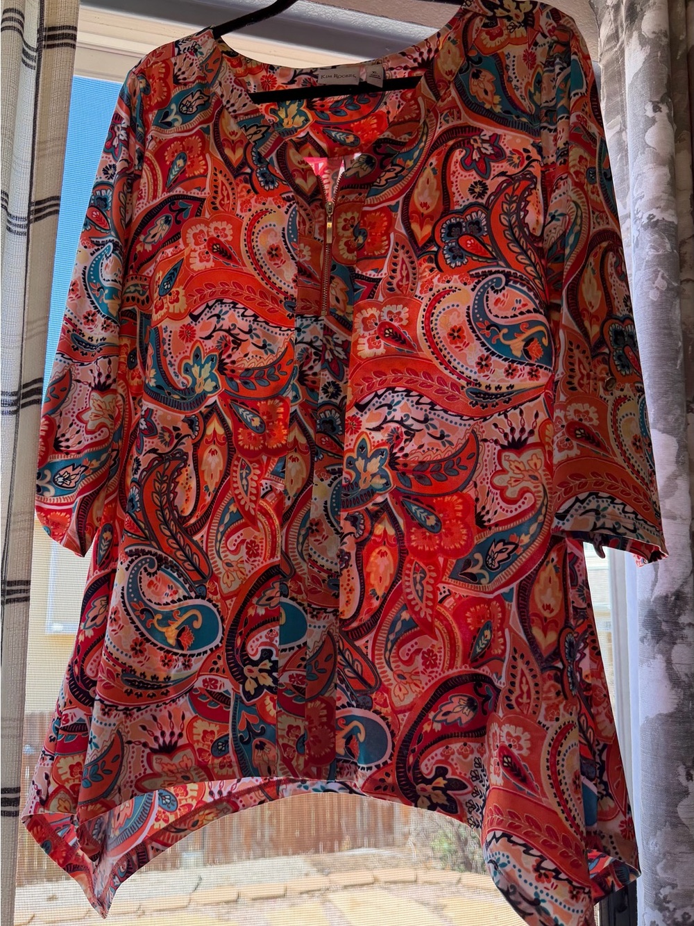 Kim Rogers Coral Paisley Split-Neck Tunic with Teal Accents